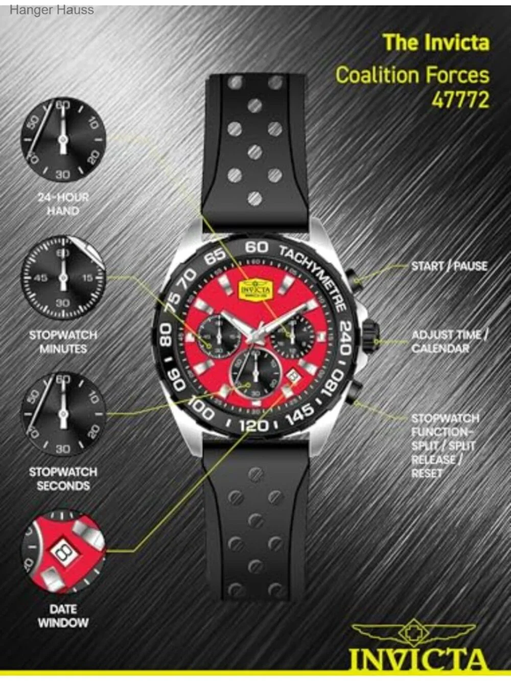 Men's 43mm Quartz Chronograph GMT Watch with Red Dial Stainless Steel